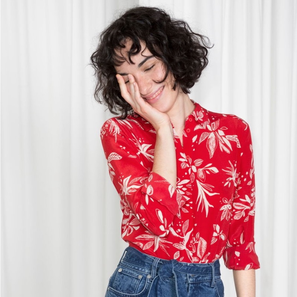 & Other Stories 100% Silk Long Sleeve Button Down Collared Blouse Red & White 10 - Picture 1 of 16